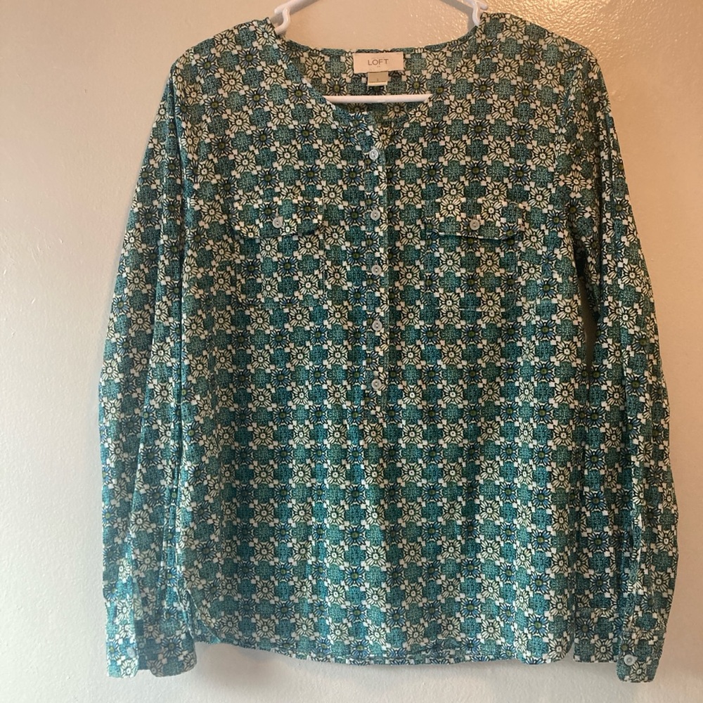 LOFT Teal and Cream Floral Blouse